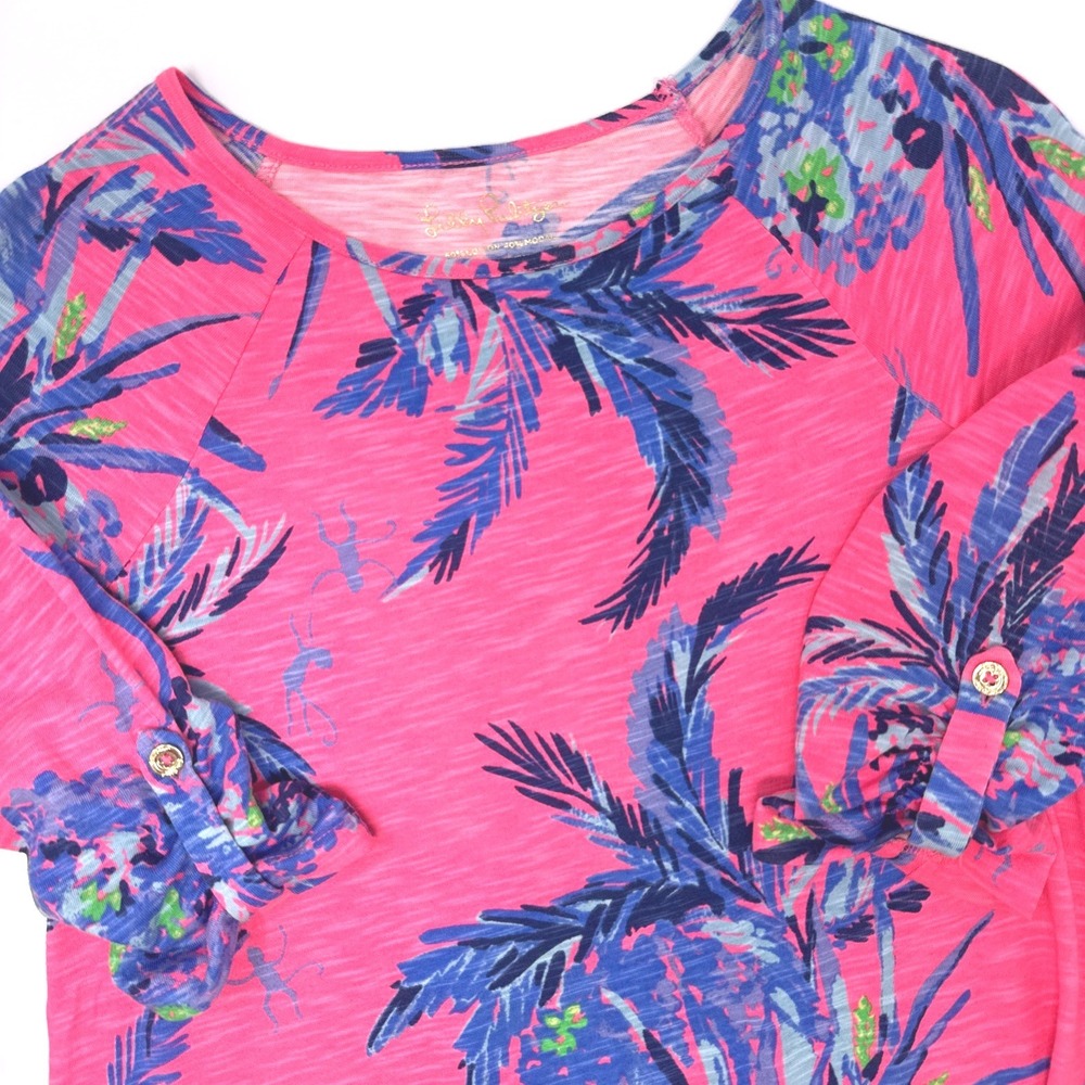 Lilly Pulitzer Etta Dress Pink Palm Tree Monkey Roll Tab Sleeve XS